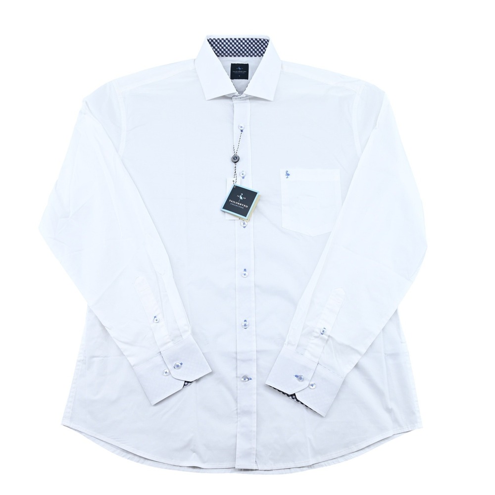 NWT Tailorbyrd Men L White Cotton Stretch Dress Shirt Gingham Trim Luxe Office